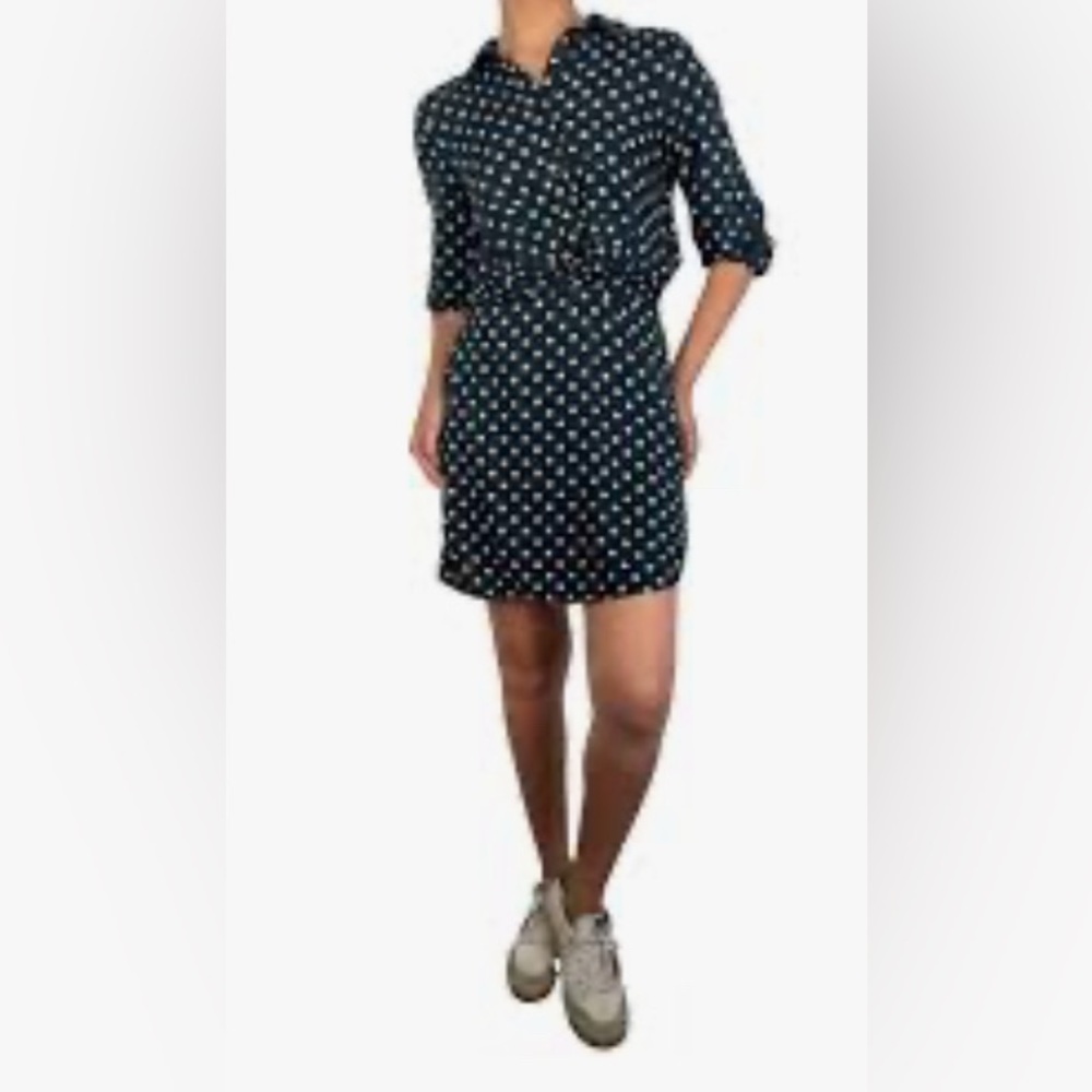 Zara Navy Blue & White Polka Dot Shirt Dress Belted Women’s Size S